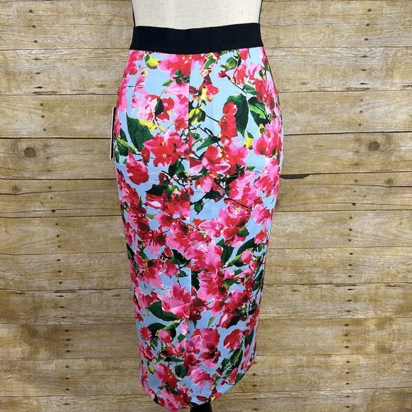 Milly for Design Nation Floral Scuba Pencil Skirt XS Blue Pink Stretch - Picture 3 of 7